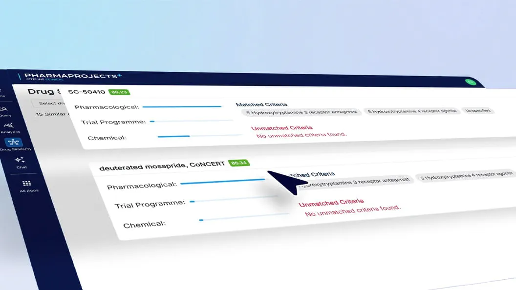 Pharmaprojects 仪表盘，包含药物相似性工具。点击观看。